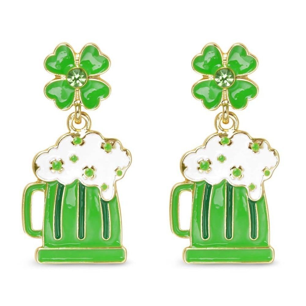 New AMANDA BLU GOLD CZ BEER AND FOUR LEAF CLOVER DANGLE EARRINGS